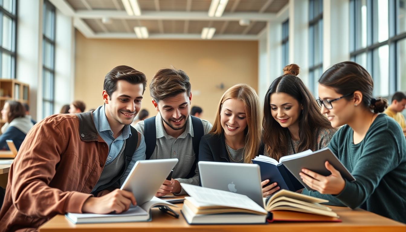 Students studying together in modern classroom